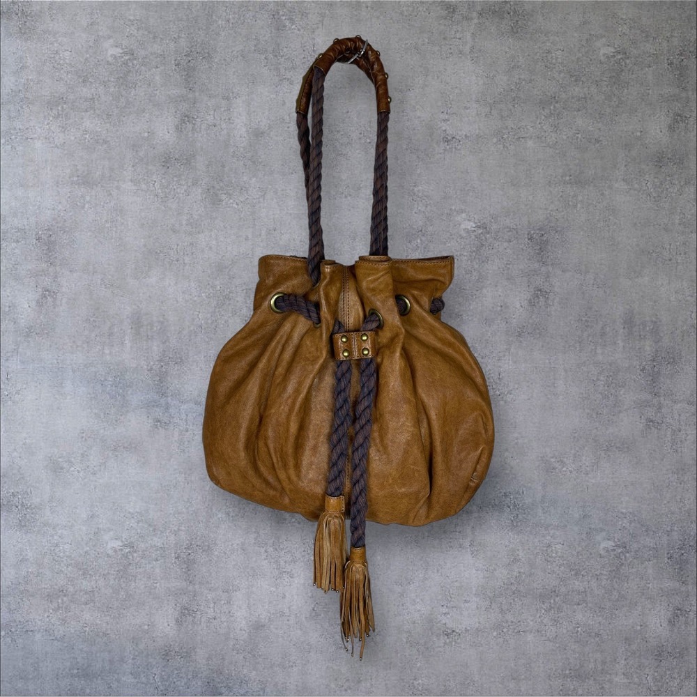 Anthropologie Lucky Penny Brown Leather Hobo Bucket Bag Rope Tassels Boho Studs‎